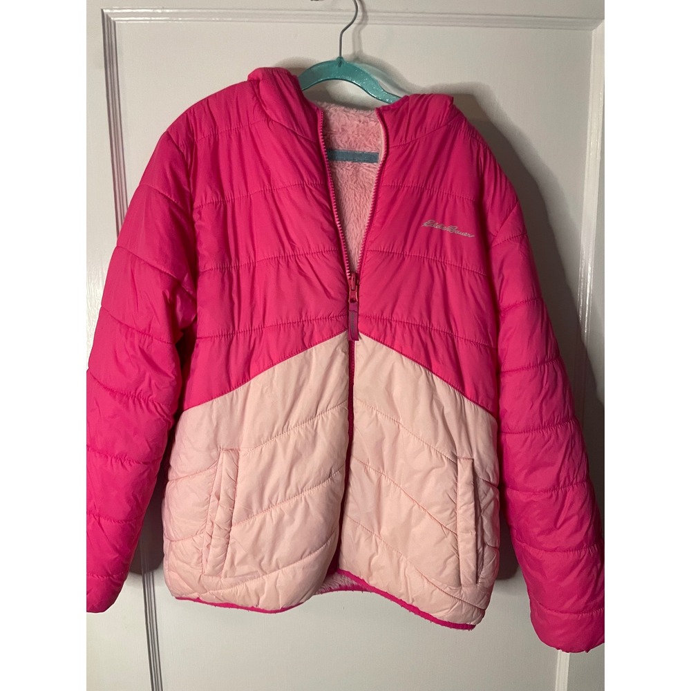 Eddie Bauer Girls Pink Puffer Jacket‎ Hooded Full Zip Fleece Lined Winter Coat